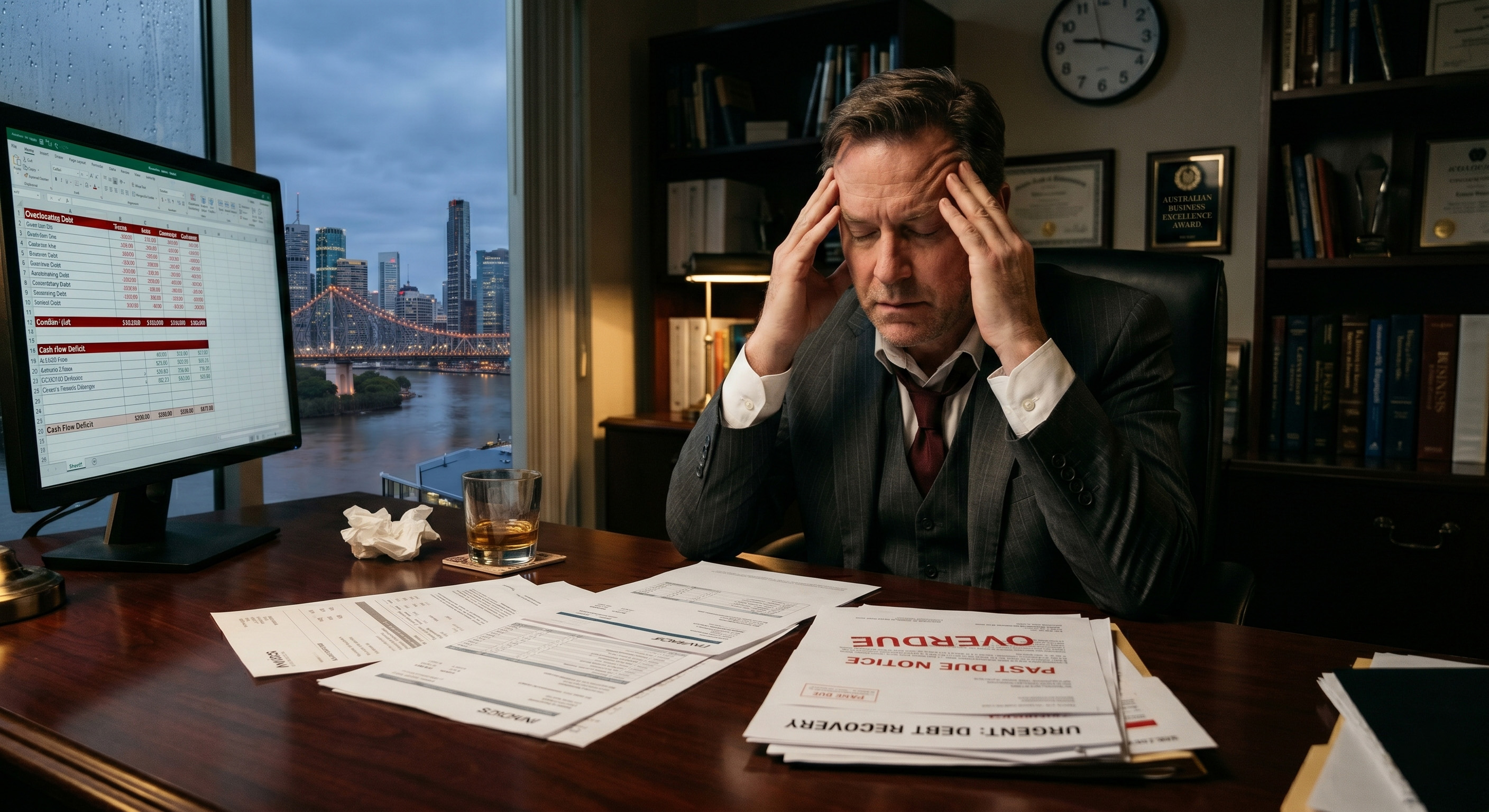 Stressed business owner in Brisbane office surrounded by overdue notices and debt paperwork